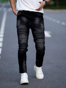 Manfinity LEGND Men's Front Button Pocket Distressed Simple Jeans, Casual Daily Wear - Black - View 4