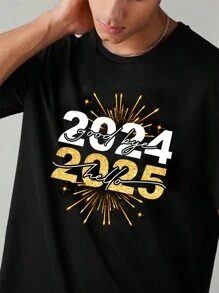 Manfinity RebelGame Round Neck Short Sleeve Numeric Print Casual Top, For New Year, Daily Wear - Black - View 1