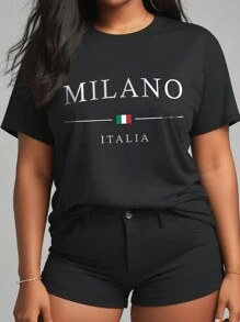 Flirla 大码夏季休闲短袖 T 恤带字母和旗帜印花图案 T 恤女式上衣