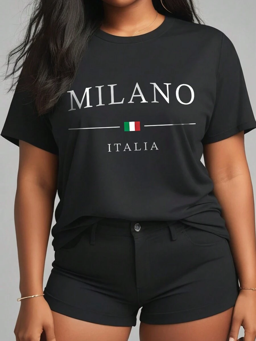 Flirla 大码夏季休闲短袖 T 恤带字母和旗帜印花图案 T 恤女式上衣