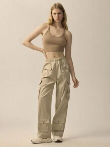 Forever 21 休闲百搭纯色直筒工装裤 - 卡其色 - 查看 5