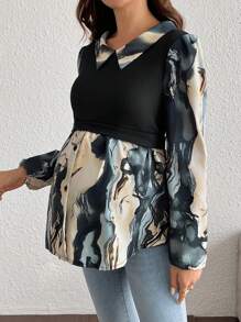 SHEIN Maternity Color Block Front Button Closure Casual Nursing Long Sleeve 2 In 1 Top - Multicolor - View 4