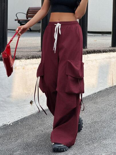 Flirla Plus Size Cargo Style Elastic Waist Baggy Pants, Plus Size