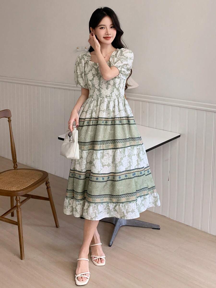 DAZY 假日花卉荷叶边方领中长连衣裙 女士吊带裙