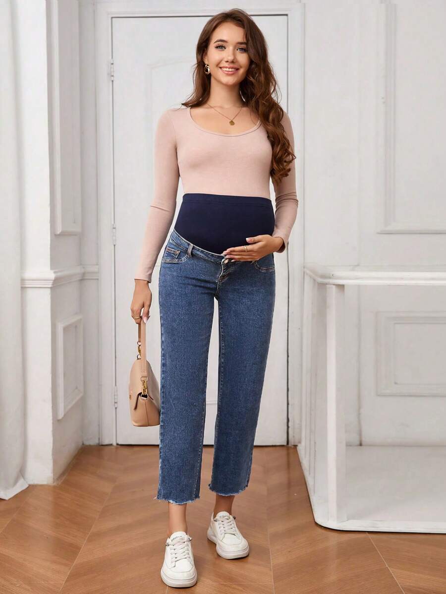 SHEIN 孕妇拼色高腰锥形牛仔裤 - 中等水洗藍 - 查看 1