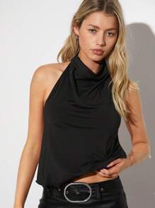 Muchica Áo Halter Top buộc dây sau lưng, cổ loe màu đen - màu đen - Xem 1
