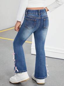 SHEIN Young Girl' Y2K Pink Cute Bow Accent Blue Denim Jeggings,Valentine's Day Denim Pants - Dark Wash - View 6