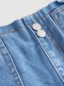 SHEIN 年轻女孩新款度假阳光荷叶边松紧腰舒适柔软水洗宽松休闲时尚牛仔裤 - 中等水洗藍 - 查看 5