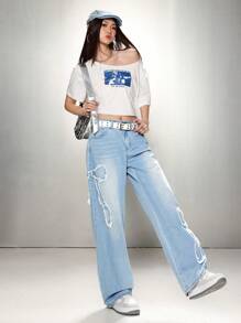 SHEIN EZwear 女士甜美復古寬腳牛仔褲，蝴蝶結和下午茶元素設計，藍色 - 淺色水洗藍 - 查看 4