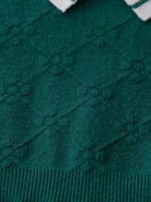 SHEIN 年轻女孩优雅针织毛衣裙，女孩花卉印花领子米色针织连衣裙 - 墨綠色 - 查看 8