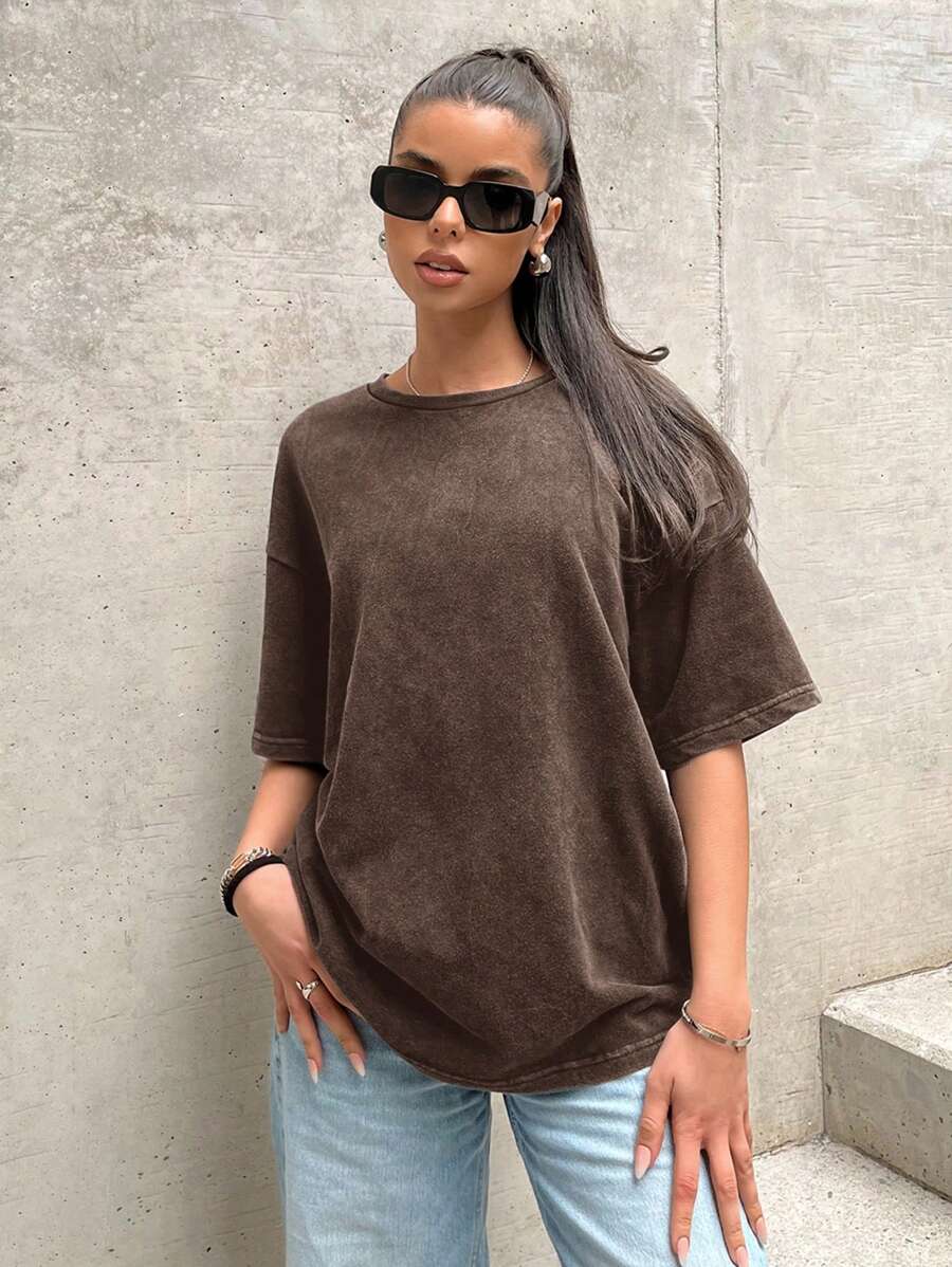 SHEIN EZwear Áo thun dệt kim dáng rộng cổ điển màu nâu dành cho nữ - màu nâu - Xem 1