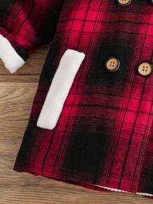 Abrigo con capucha para bebé niña, diseño lindo con orejas decorativas, estampado de cuadros, forro térmico, con bolsillos, para otoño - Rojo - Ver 4
