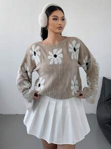 Flirla Plus Size Women Floral Pattern Round Neck Long Sleeve Casual Sweater, Autumn/Winter Knit Pullover Fall - Apricot - View 2
