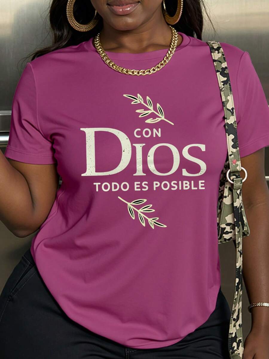 INAWLY 女式树叶印花图案圆领短袖休闲 T 恤 - 中紫紅色 - 查看 1