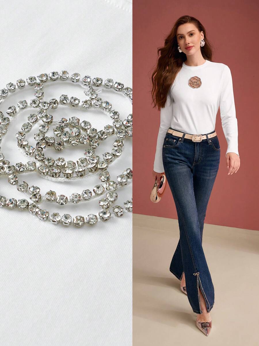 MOTF PREMIUM RHINESTONE CUT OUT FLORAL T-SHIRT