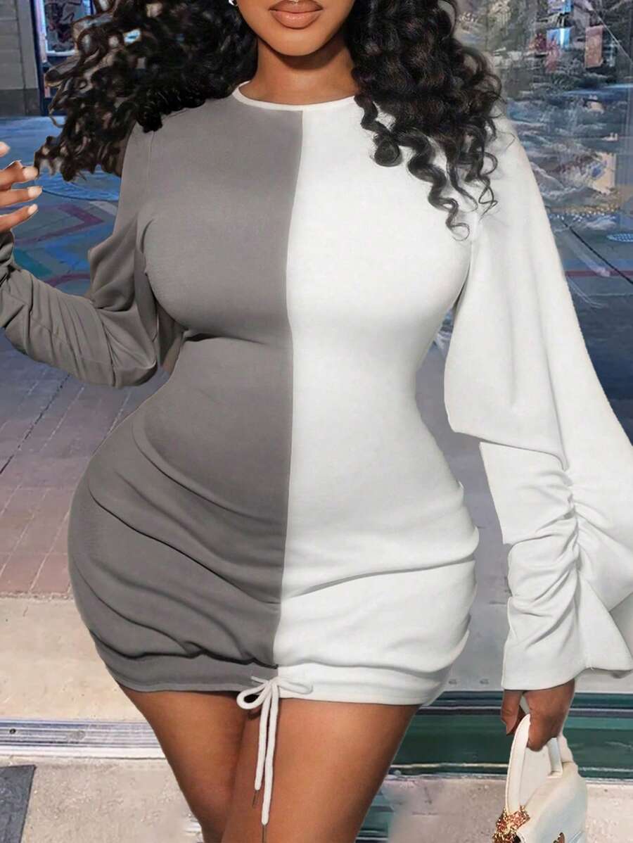 BamGleam BamGlam DAIL Round Neck Contrast Color Ruched Sleeve Design Fitted Women Sweatshirt Pullover Fall - Multicolor - View 1