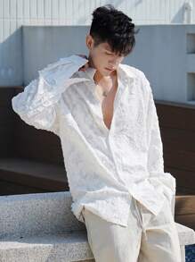 DAZY 春季抽象纹理面料白色男士衬衫，秋季 - 白色 - 查看 1