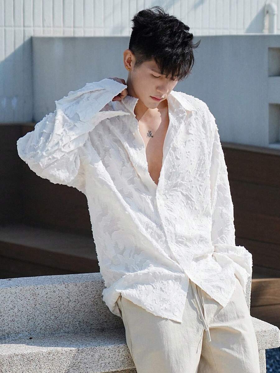 DAZY 春季抽象纹理面料白色男士衬衫，秋季 - 白色 - 查看 1