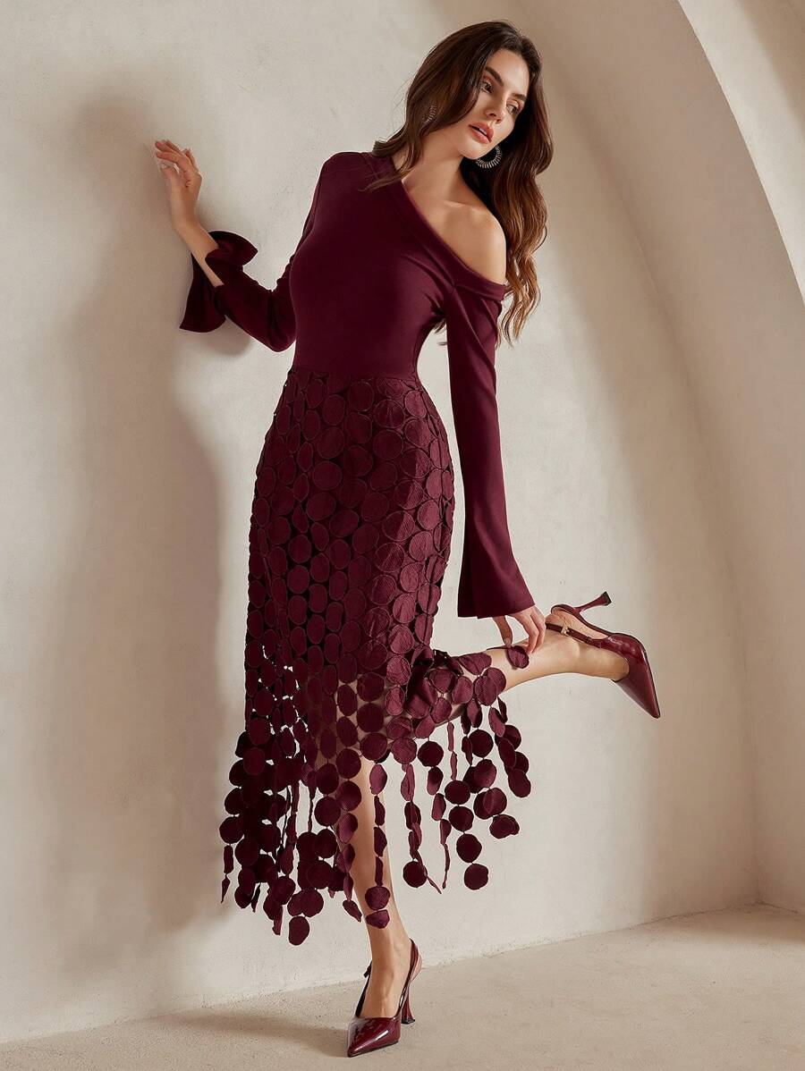 Anewsta Đầm tua rua tay dài cổ cao eo ôm gợi cảm, phong cách Âu Mỹ thanh lịch - Màu đỏ tím - Xem 1