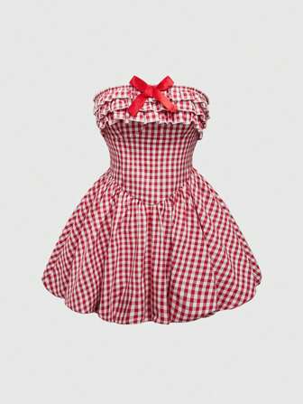 Kawaii Cute Gingham Floral Mini Dress For Women
