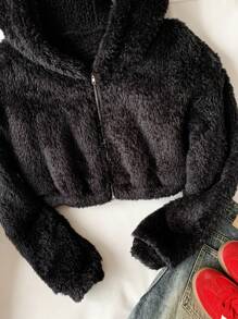 Comfortcana Zip Up Drop Shoulder Hooded Crop Flannel Black Jacket In Fall/Winter - Black - View 6