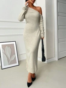EURMUSE Woman One Shoulder Maxi Length Elegant Sweater Dress - Beige - View 6