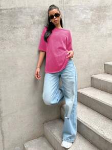 SHEIN EZwear Áo thun dệt kim rộng rãi phong cách cổ điển màu đỏ hồng cho nữ - Màu Hồng Tươi - Xem 3