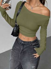 Flirla Pull court ajusté à col asymétrique, couleur unie, style minimaliste et polyvalent. Tricot pour l'automne et l'hiver - Vert - Voir 7