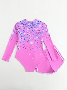 Baju Renang Terusan Anak Perempuan dengan Celana Pendek, Set Baju Renang Lengan Panjang Motif Polkadot Biru Berkilau untuk Liburan Pantai Musim Panas Warna Pink - Berwarna merah muda - View 2