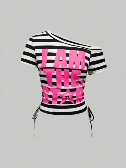 ROMWE Avant Spring/Summer Y2K Kpop Style Colorful Striped Contrast Patchwork T-Shirt