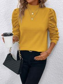 SHEIN Clasi Women's Rhinestone Decorated Solid Color Long Sleeve Knit Sweater, Simple Casual For Everyday Wear Knit Pullover Fall Winter Sweater - Yellow - View 4