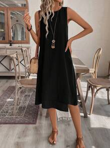 EMERY ROSE Women Sleeveless Round Neck A-Line Dress, Casual For Summer - Black - View 5