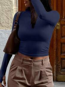 INAWLY Women Casual Solid Color Fitted Cropped T-Shirt, Autumn - Navy Blue - View 3