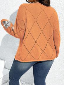 SHEIN Unity Plus Size Women's Crew Neck Dropped Shoulder Hollow-Out & Contrast Sequin Decor Casual Pullover Knit Sweater, Spring/Autumn Knit Pullover Fall Winter Sweater - Orange - View 2