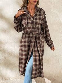 SHEIN Clasi Women's Fashion Plaid Raglan Sleeve Double Breasted Lace-Up Trench Coat For Women Winter Commuter And Outdoor Outerwear - Multicolor - View 3