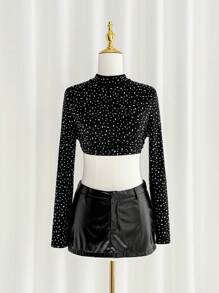 SHEIN ICON 高领长袖露背系带水钻装饰 T 恤 - 黑色 - 查看 1