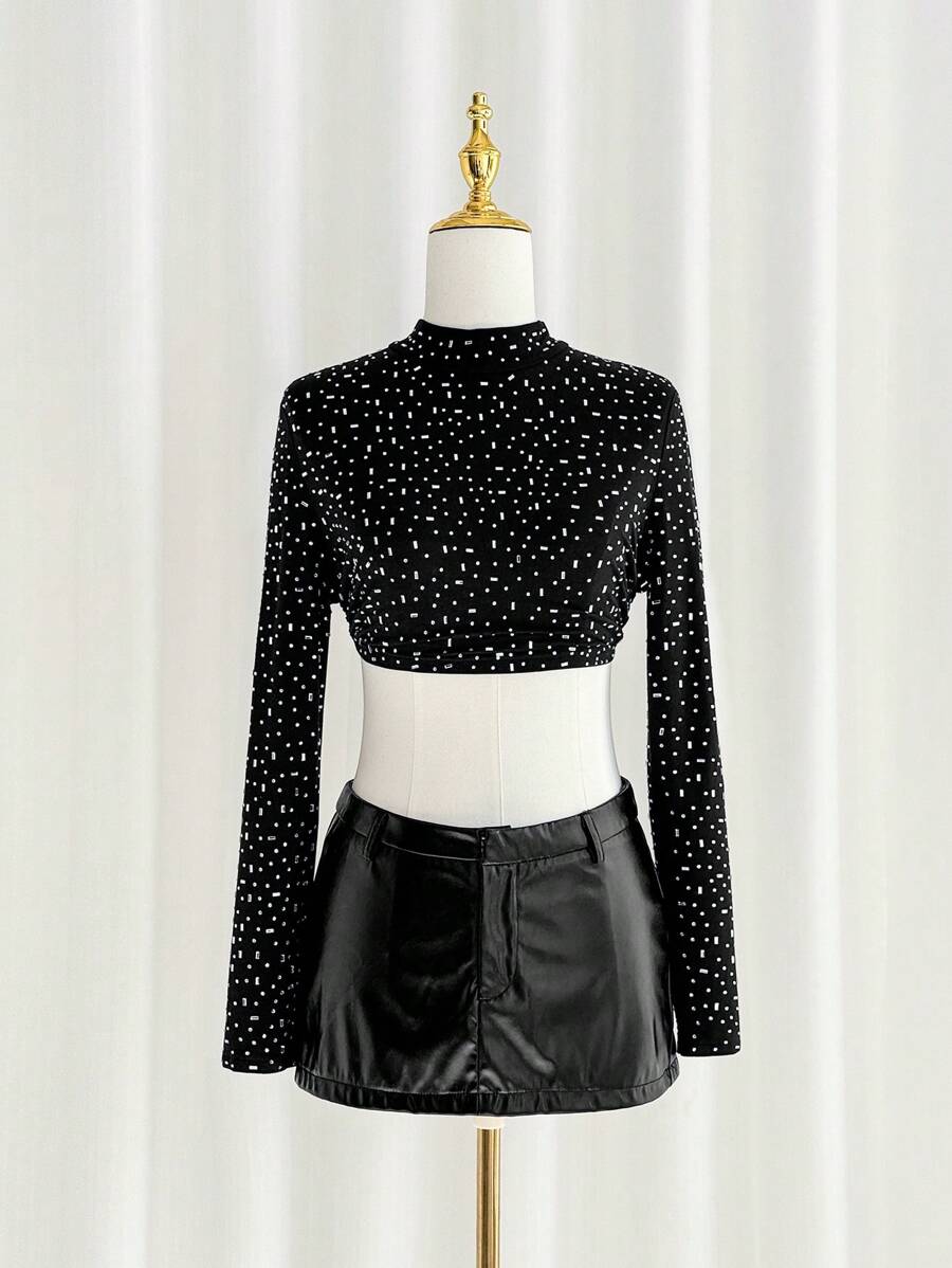 SHEIN ICON 高领长袖露背系带水钻装饰 T 恤 - 黑色 - 查看 1