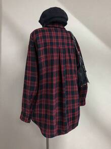 Flirla Áo sơ mi kẻ caro Mỹ cổ điển dành cho nữ, áo khoác nhiều lớp rộng rãi, áo cánh dài tay thường ngày, mùa xuân/thu - Đỏ - Xem 2