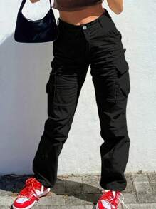 Women Y2K Style Multi-Pocket Loose Straight Leg Denim Cargo Pants - Black - View 3