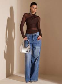 Women's Asymmetrical Long-Sleeved Transparent Bodysuit With Drawstring, Suitable For Cocktail Parties,  Dates, Autumn/Winter Base Layer, Parties, Formal Events, Nights Out, Halloween, Christmas - 咖啡棕 - 查看 5