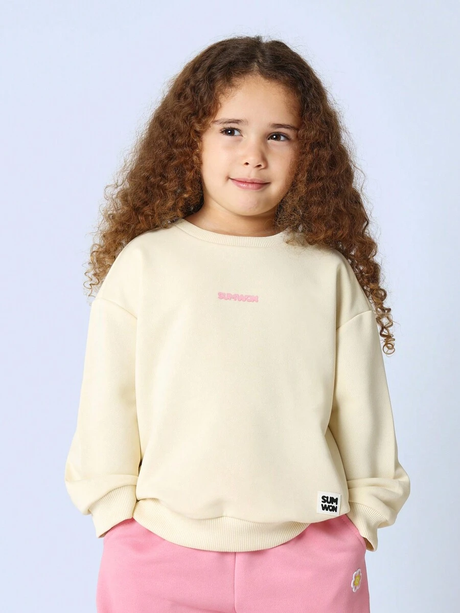SUMWON Áo nỉ chui đầu thiết kế có logo tối giản, mặc mùa thu đông cho bé gái, áo len dệt kim thời trang thoải mái, thể thao - Màu vàng - Xem 1