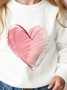 SHEIN 情人节可爱粉红心年轻女孩休闲日常舒适厚针织长袖运动衫 - 白色 - 查看 4