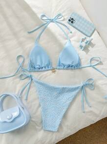 Swim Mod Textured Halter Strap Triangle Bikini Set With Tie Side Swim Bottoms Summer - Multicolor - View 2