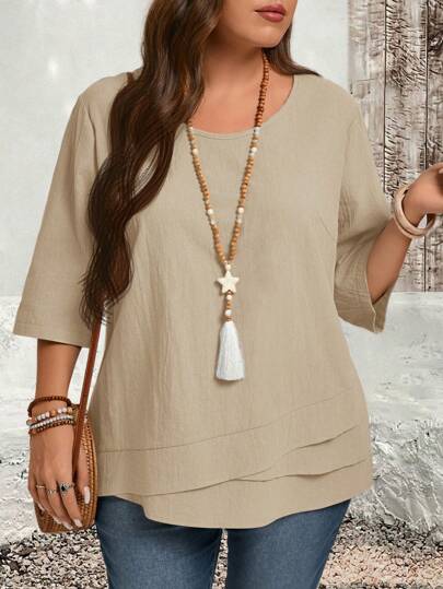 EMERY ROSE Plus Size Asymmetric Hem Green Country Shirts Fall Clothes