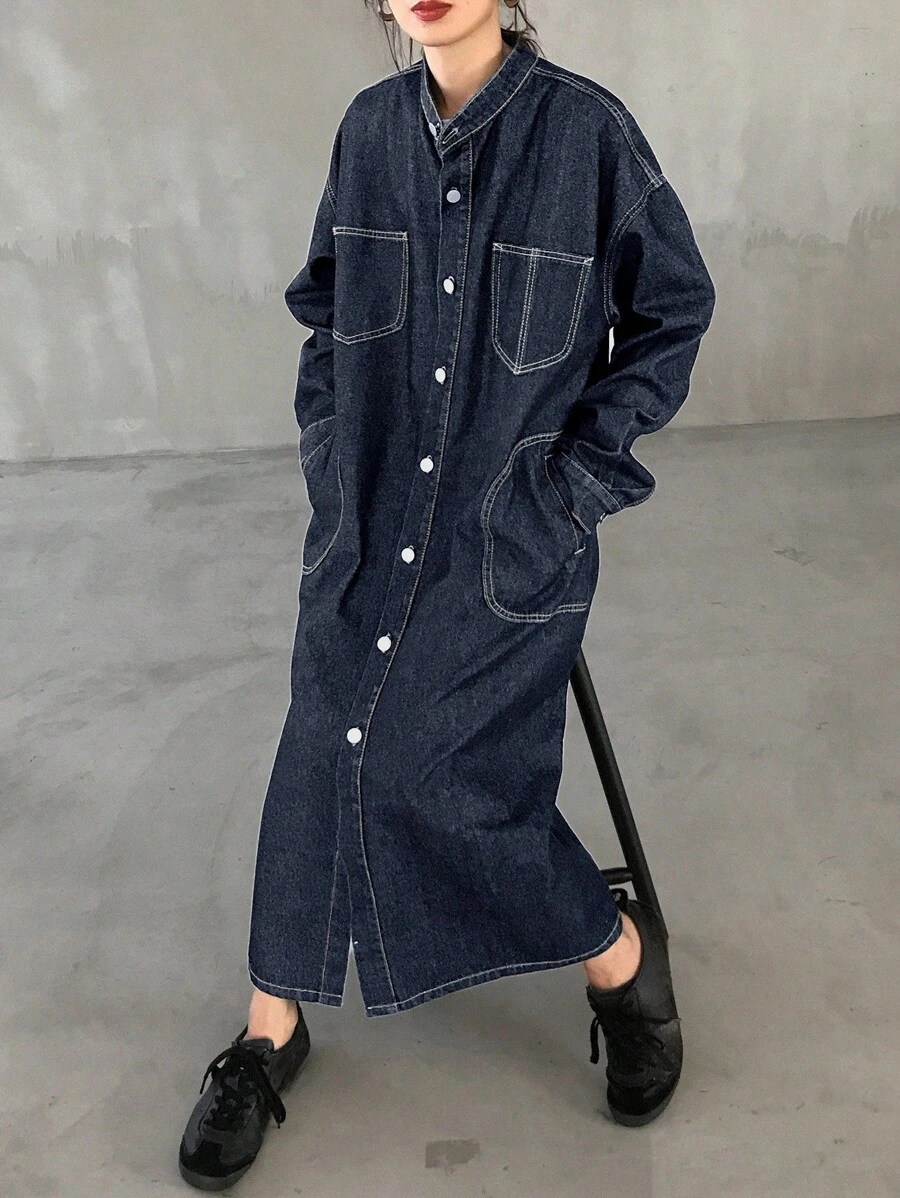 FRIFUL Women's Front Button Long Sleeve Pocket Simple Casual Jean Dress - Black - View 1