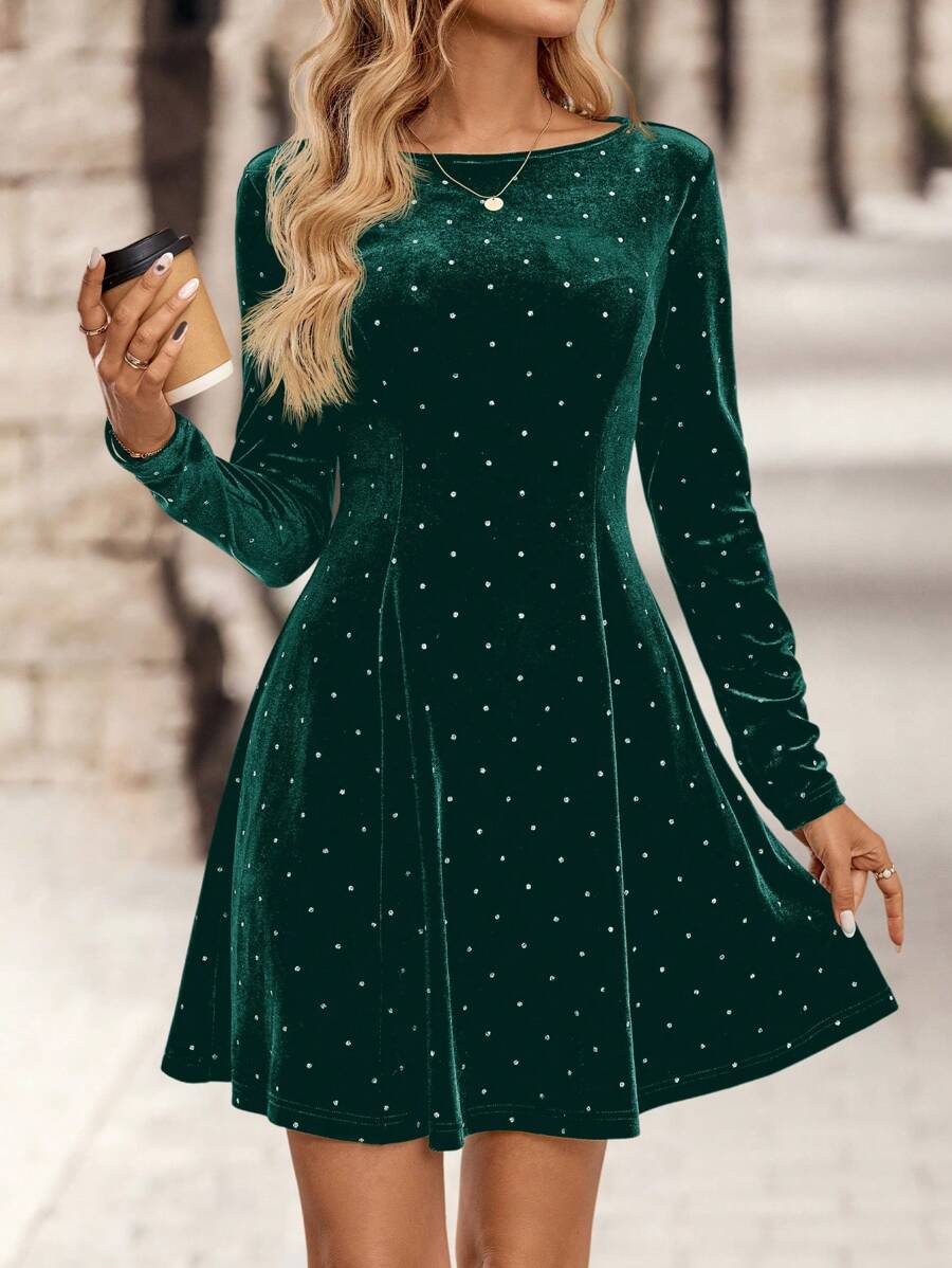 EMERY ROSE Váy dự tiệc nhung bạc sang trọng cho nữ, Thu/Đông - màu xanh lá - Xem 1