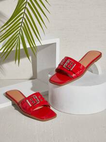 SHUZIA Women's Big Buckle Grommet Decor Square Toe Flat Slide Sandals-Punk Chic, Edgy & Spring Shoes Spring Break Easter - Red - View 7