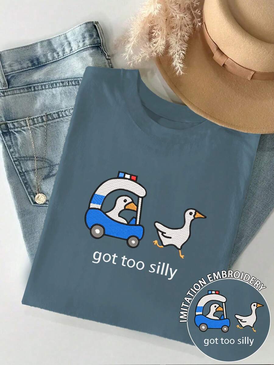 INAWLY Camiseta de mujer de cuello redondo con decoración impresa de un divertido ganso de policía bordado, camisetas gráficas cómodas para mujer - Neblina azul - Ver 1