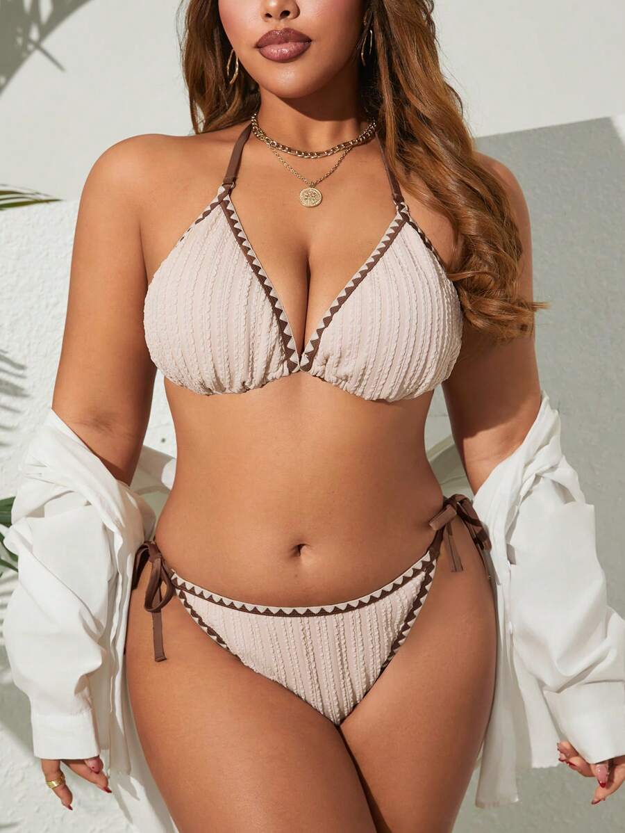 Swim SXY 夏季大码女式纹理花卉吊带设计高端性感系带分体泳衣，休闲度假装 - 米色 - 查看 1