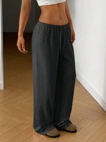 SHEIN EZwear Plus Size Gray Drawstring Waist Loose Pants, Suitable For Autumn - Dark Grey - View 6